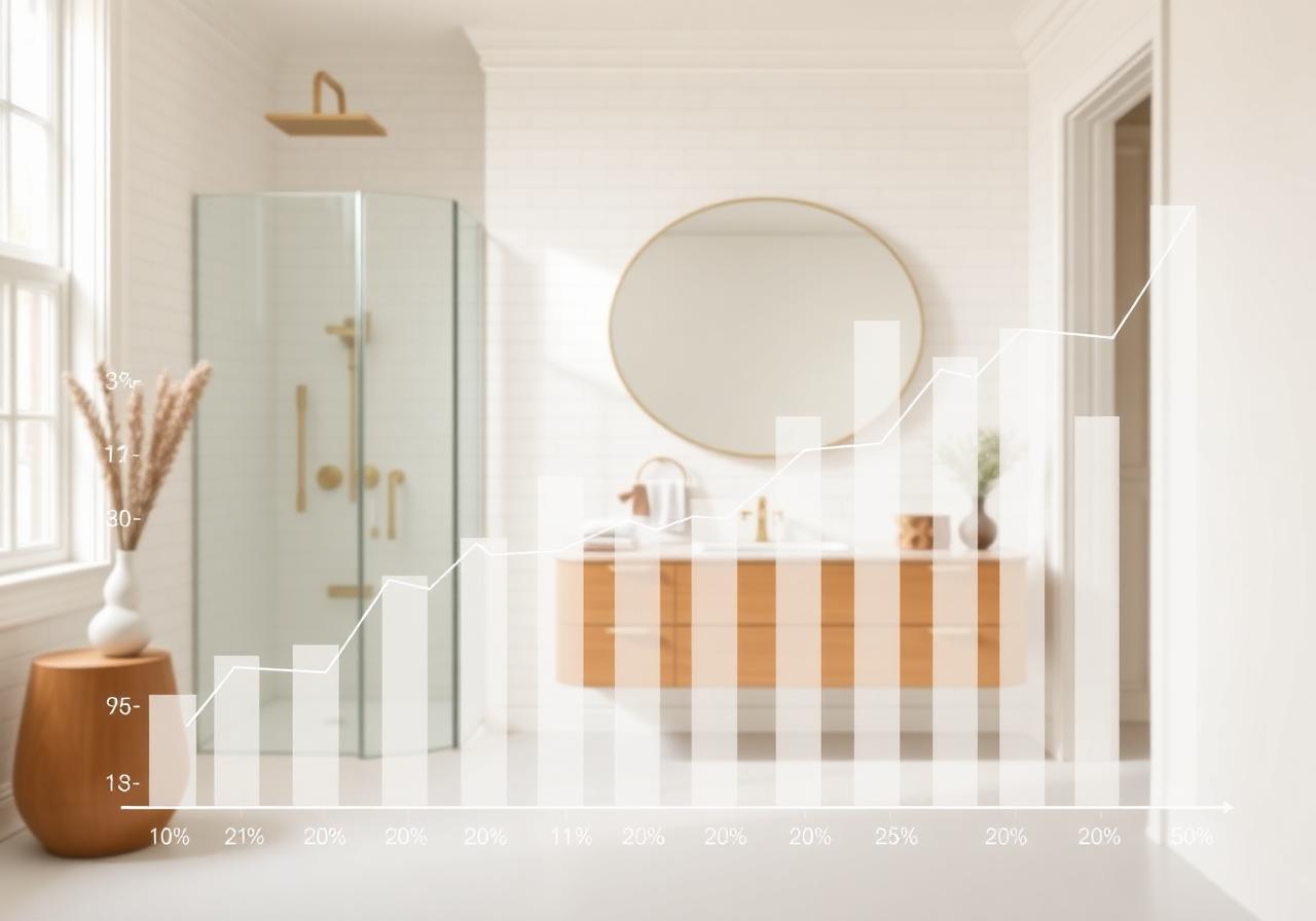 Modern bathroom with a translucent bar chart overlay showing trend data