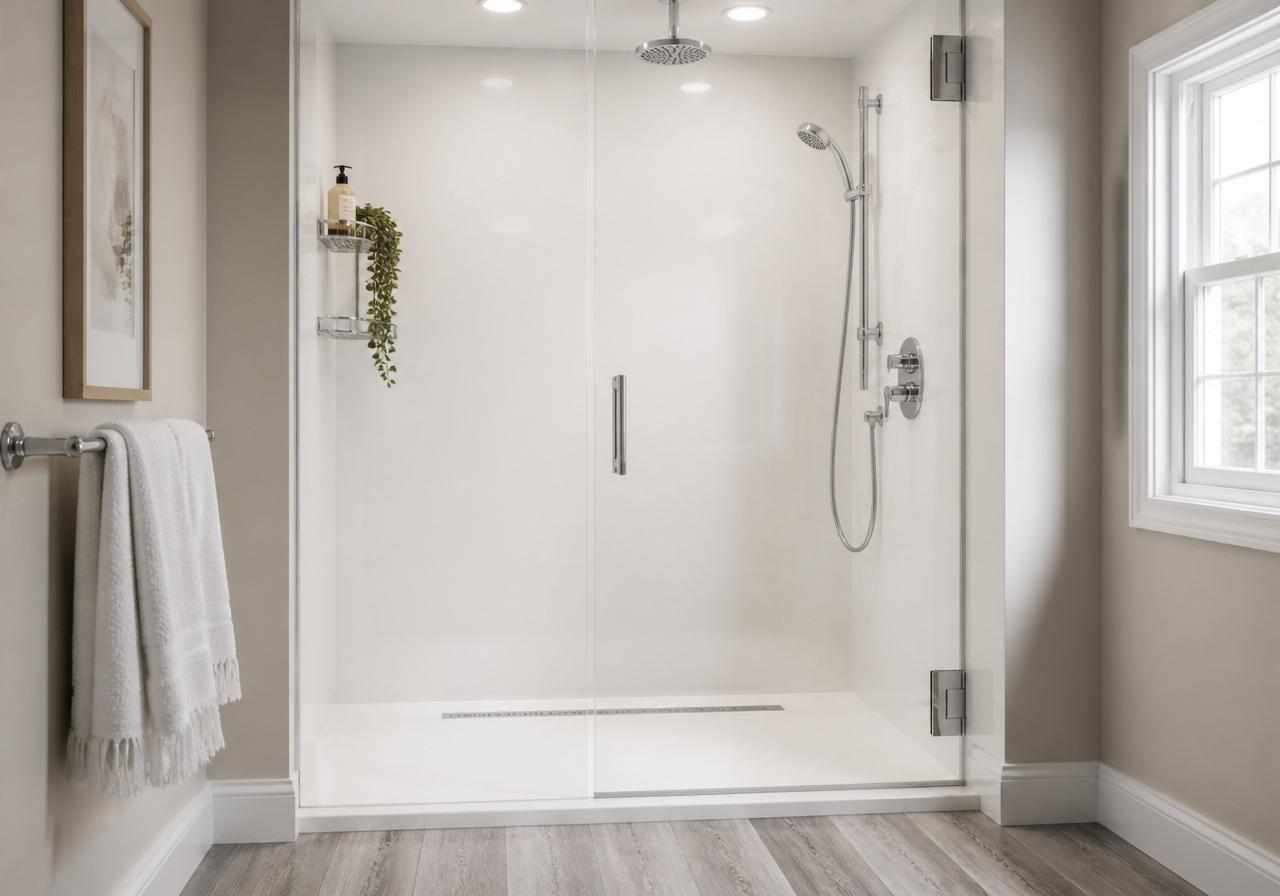 Frameless glass walk-in shower with rainfall showerhead and tiled niche